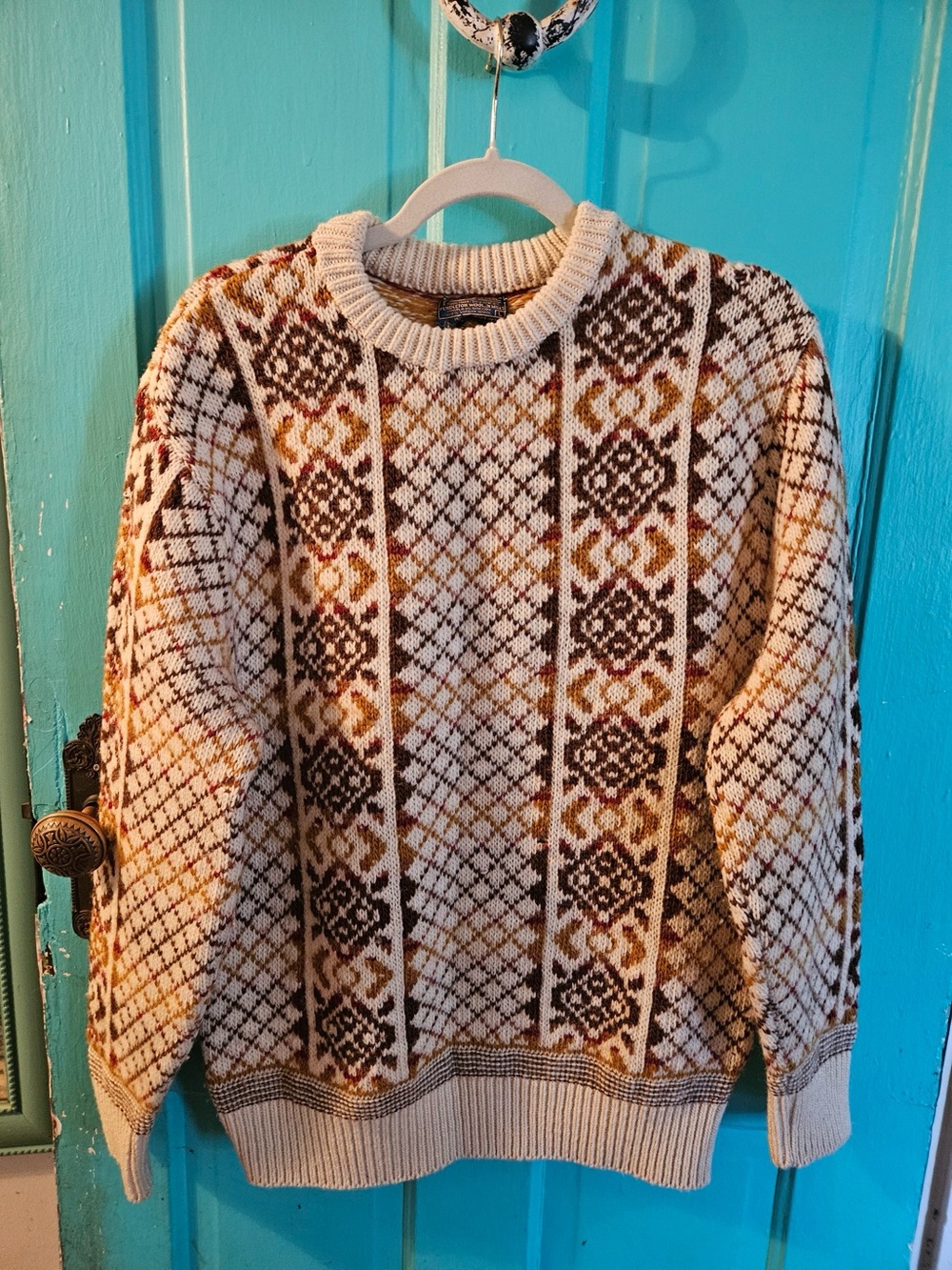 Men's Pendleton Patterned Crewneck Sweater Large in Cream and Brown